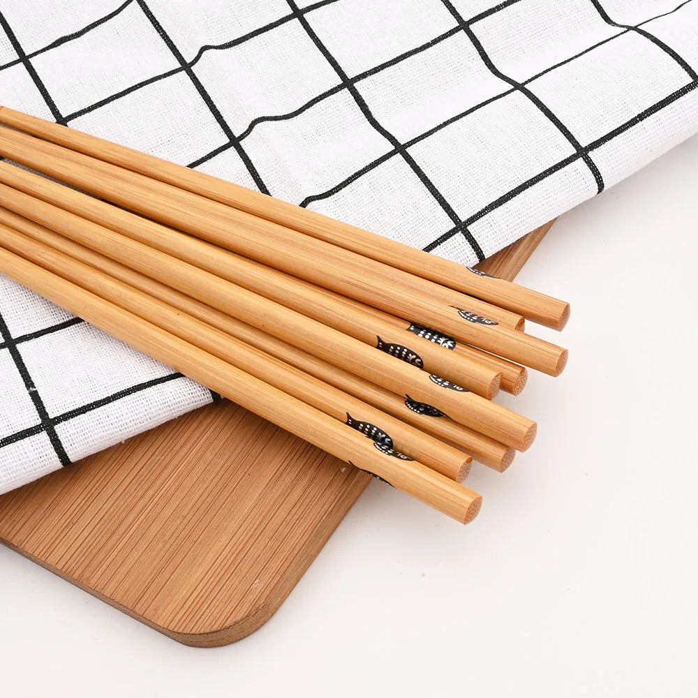 Reusable 5Pairs Tableware Handmade Bamboo Japanese Natural Wood Chopsticks Sushi Food Cat Flower Multi Color Wooden Chop Sticks