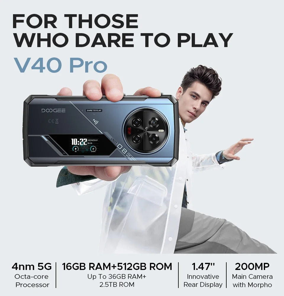 DOOGEE V40 Pro Rugged Phone 6.78" IPS Display  36GB(16+20) 512GB Smartphone 5G 200MP Al Camera 8680mAh Dimensity 7300 Android 14