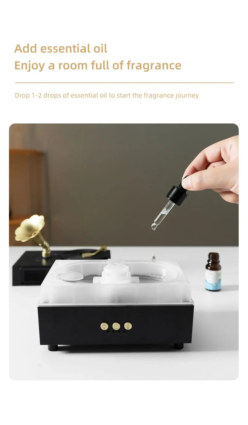 5V Retro Phonograph Bluetooth Speaker Humidifier Ultrasonic Aroma Diffuser Rotating Colorful Light Remote Essential Oil Atomizer