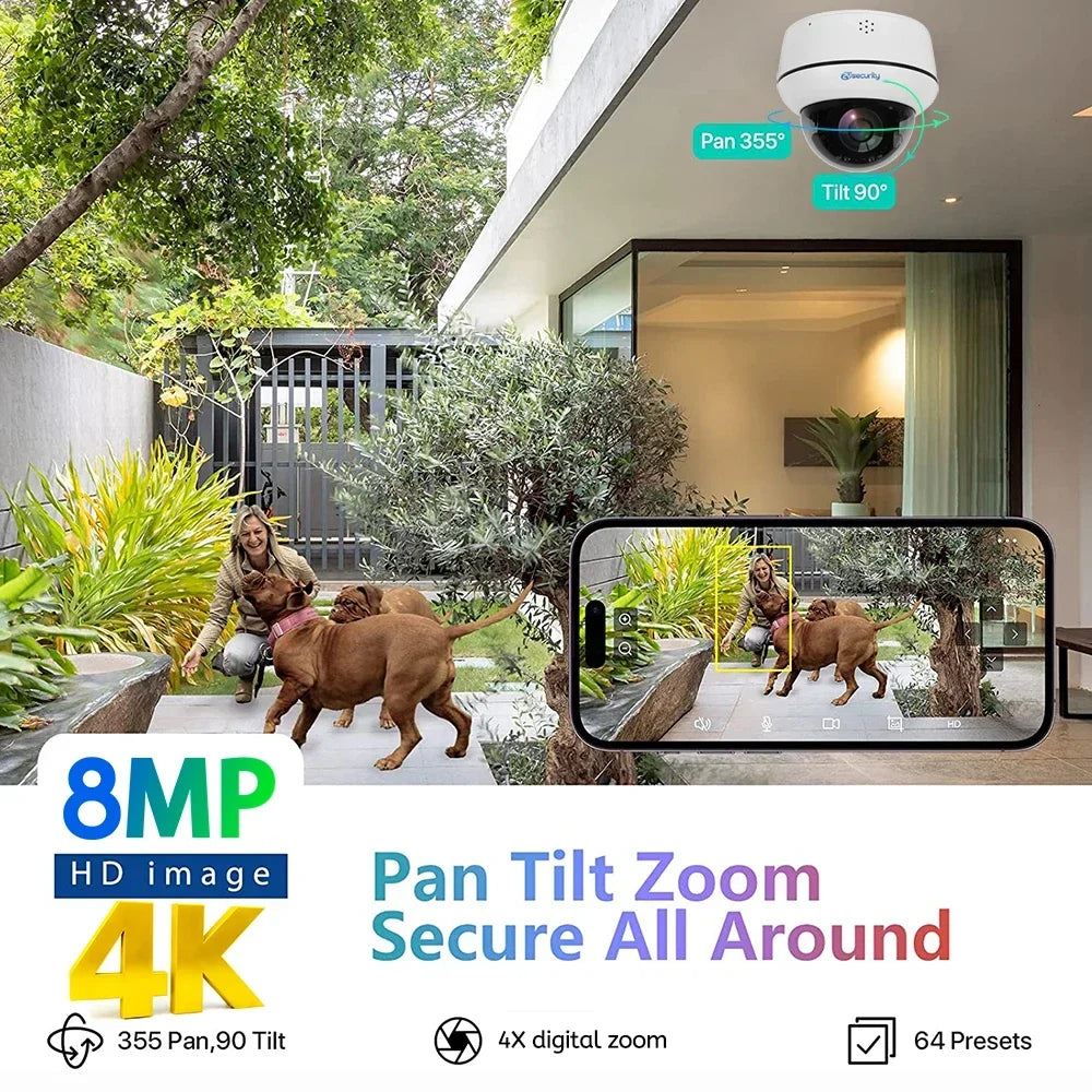4K 8MP PoE Dome Security Camera Outdoor Human/Vehicle Detect Auto Tracking PTZ Indoor 2-way Audio Wireless IP Cameras Camhipro