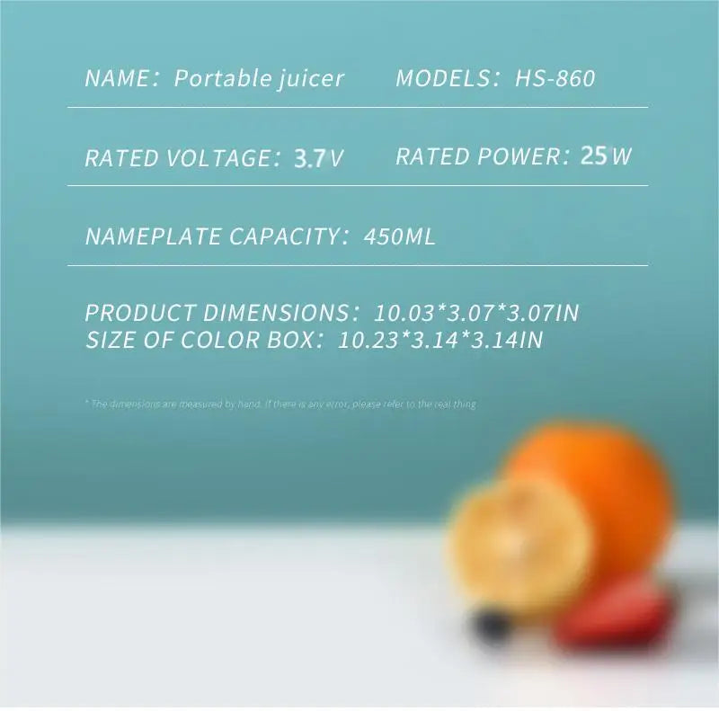 10 Blades Portable Fruit Juicer 450ml Capacity 3 Gears USB Rechargeable Blender Ice Crusher, can make smoothies/ice