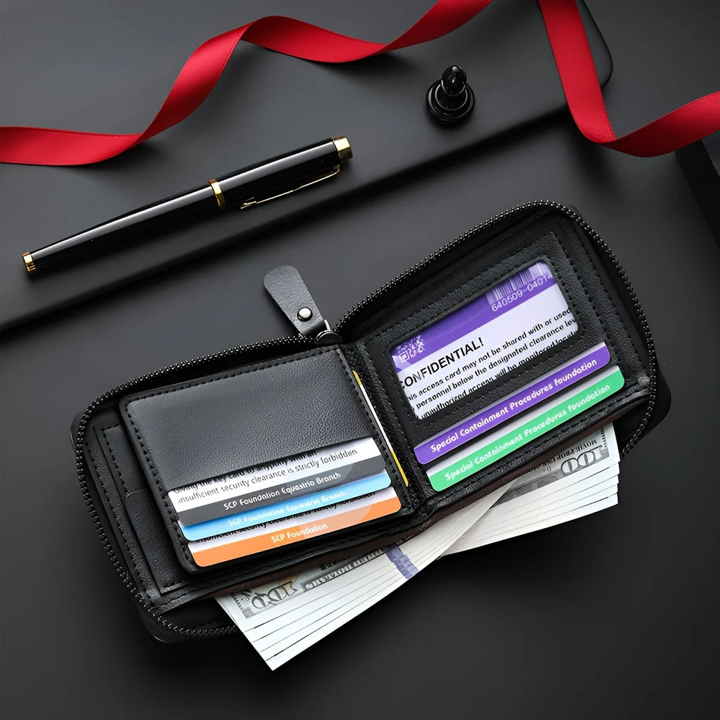 Personalized Luxury Faux Leather Wallet for Men Embossed Top, Smooth Black Faux Leather Body, Zip Closure, Multiple Card Slots