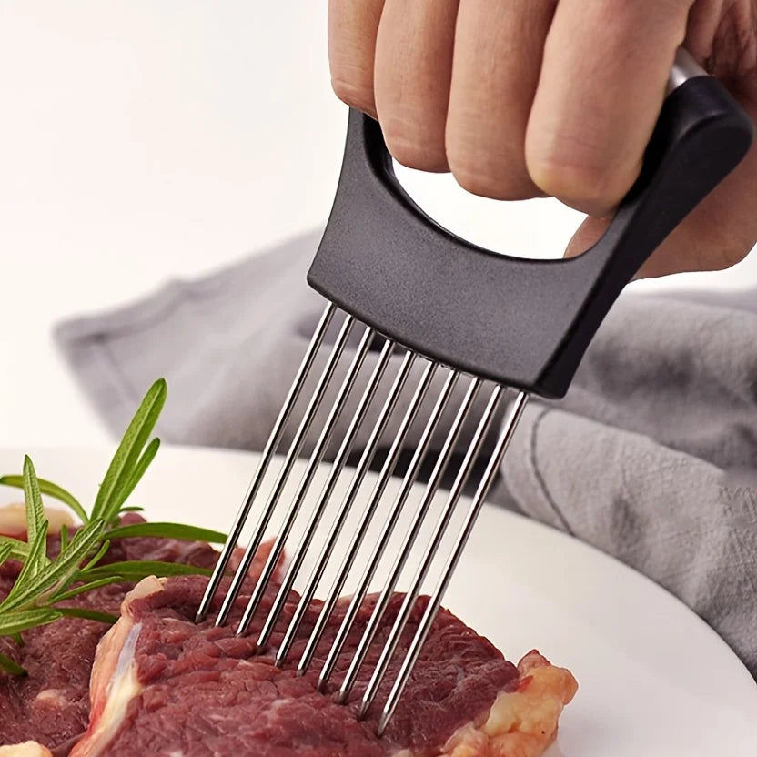 1pc Stainless Steel Onion Slicer Holder, Multipurpose Meat Tenderizers, Vegetable Potato Tomato Lemon Cutting Tool, Full Grip Ha