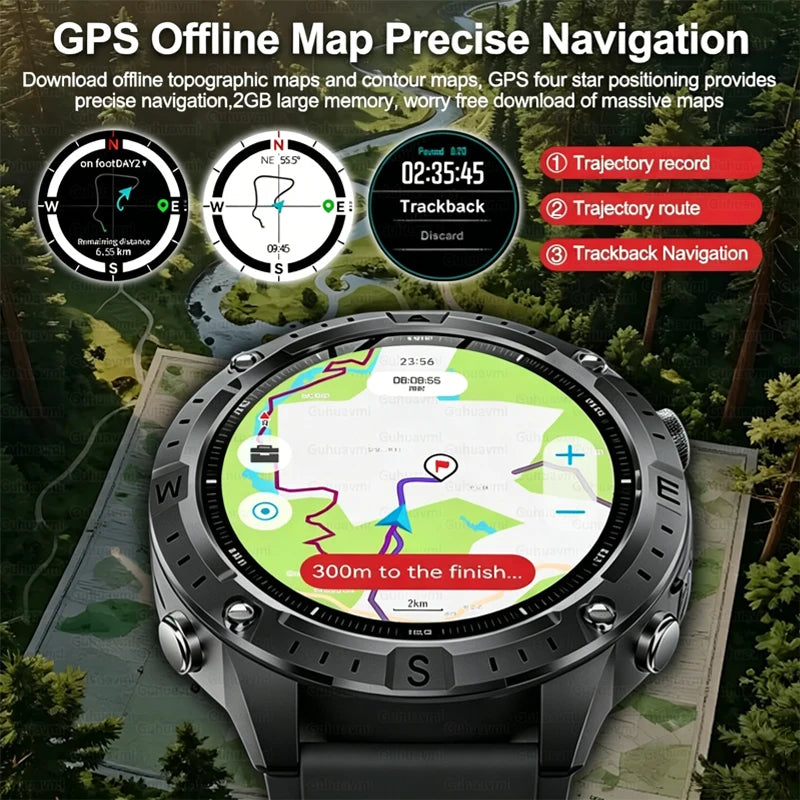 2026 Outdoor GPS Smart Watch Men 2GB ROM Offline Map 730mAh Battery 3ATM Waterproof Compass Altimeter Health Monitor Smartwatch