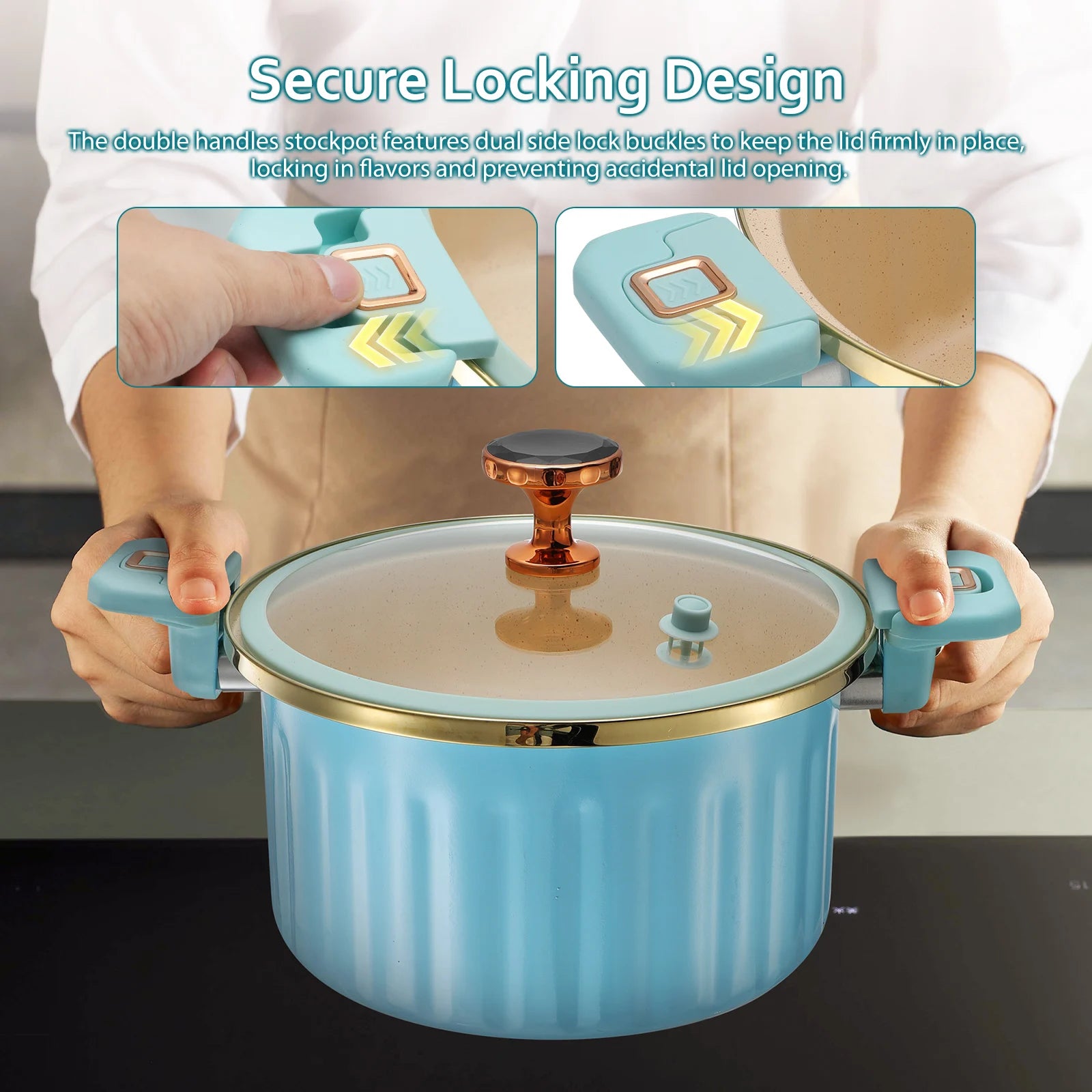 7L Enamel Casserole Pot with Glass Lid, Micro Pressure Cooking Pot with Locking Handles, Nonstick Stockpot for Soup, Stew, Pasta, Gas & Induction Hob