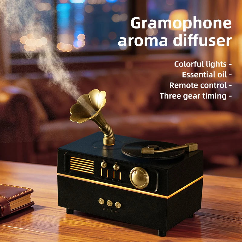 5V Retro Phonograph Bluetooth Speaker Humidifier Ultrasonic Aroma Diffuser Rotating Colorful Light Remote Essential Oil Atomizer