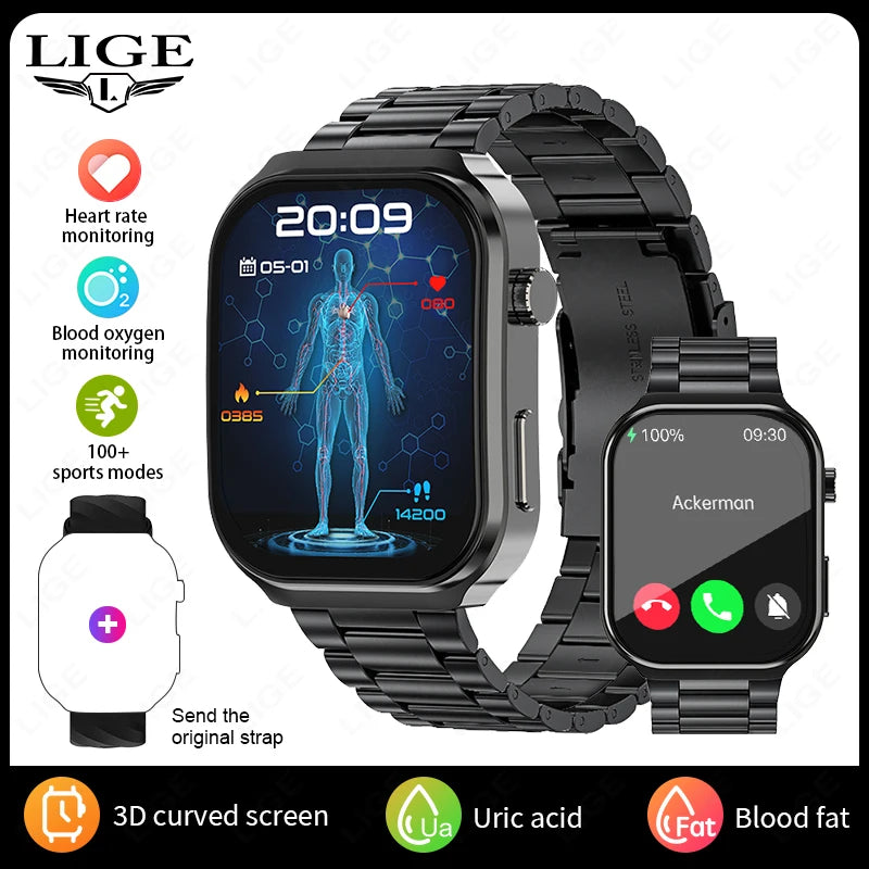 LIGE 2026 New AI Healthy Diagnose Smart Watch Blood Lipid Uric Acid Bluetooth Call Blood Pressure Health Smartwatch Men Women