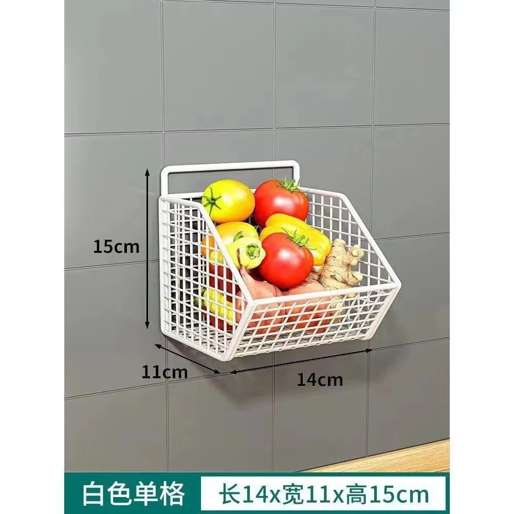 AOBT Wall-Mounted Green Onion Ginger Garlic Storage Rack Punch-Free Kitchen Multi-Functional Basket Organizer for Spices Herbs