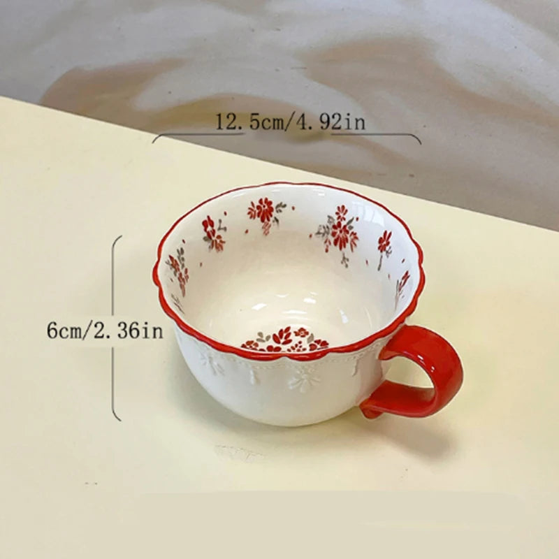 Vintage red floral underglaze relief lace ceramic coffee cup