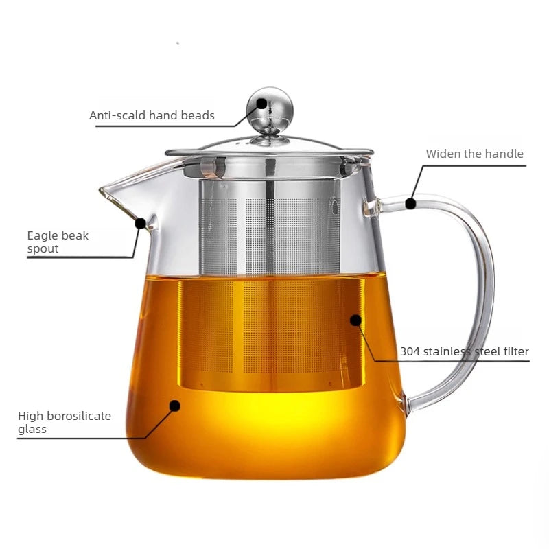Heat-Resistant Borosilicate Glass Teapot with Removable Stainless Steel Infuser – Clear Tea Kettle for Kung Fu Tea Brewing Set