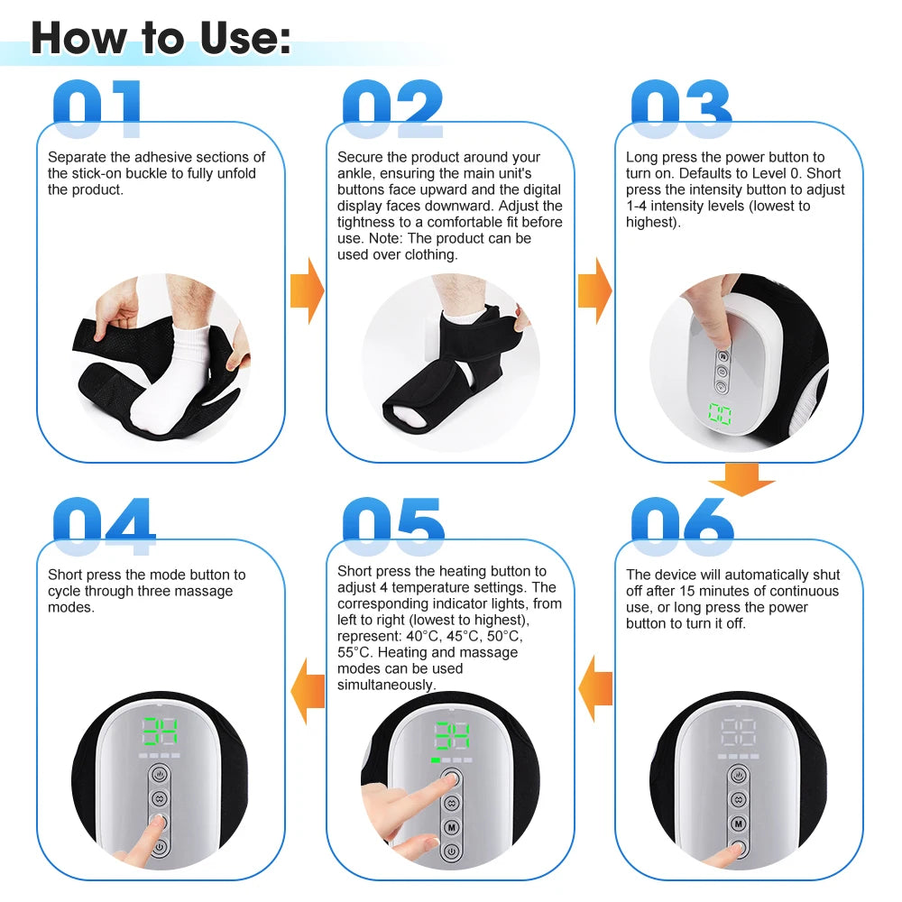 Wireless Dual-Airbag Air Compression Foot Ankle Massager 3 Modes 4 Heated Levels Rechargeable Electric Sole Heel Relaxation Wrap