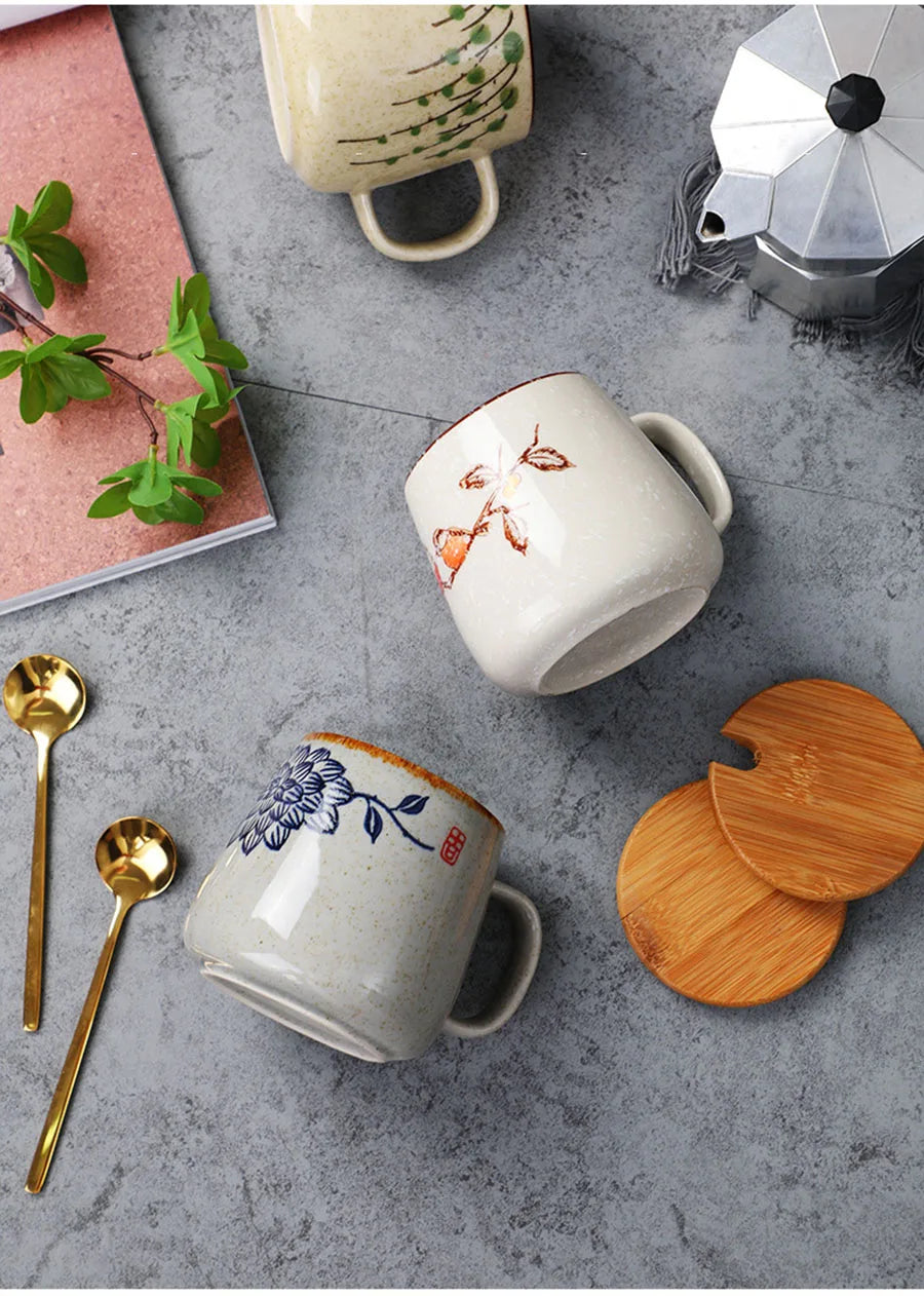 YWDL 350ml Japanese Ceramic Coffee Mug With Lid And Spoon Milk Breakfast Cups Home Heat-resistant Teacup Tumbler Water Mug Gift