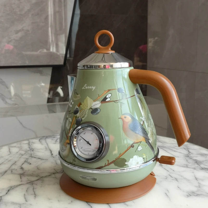 Automatic Power Off Retro Green Paint Decal Electrc Kettle Boiling Water with Thermometer 304stainless Steel 1850w 1.7L