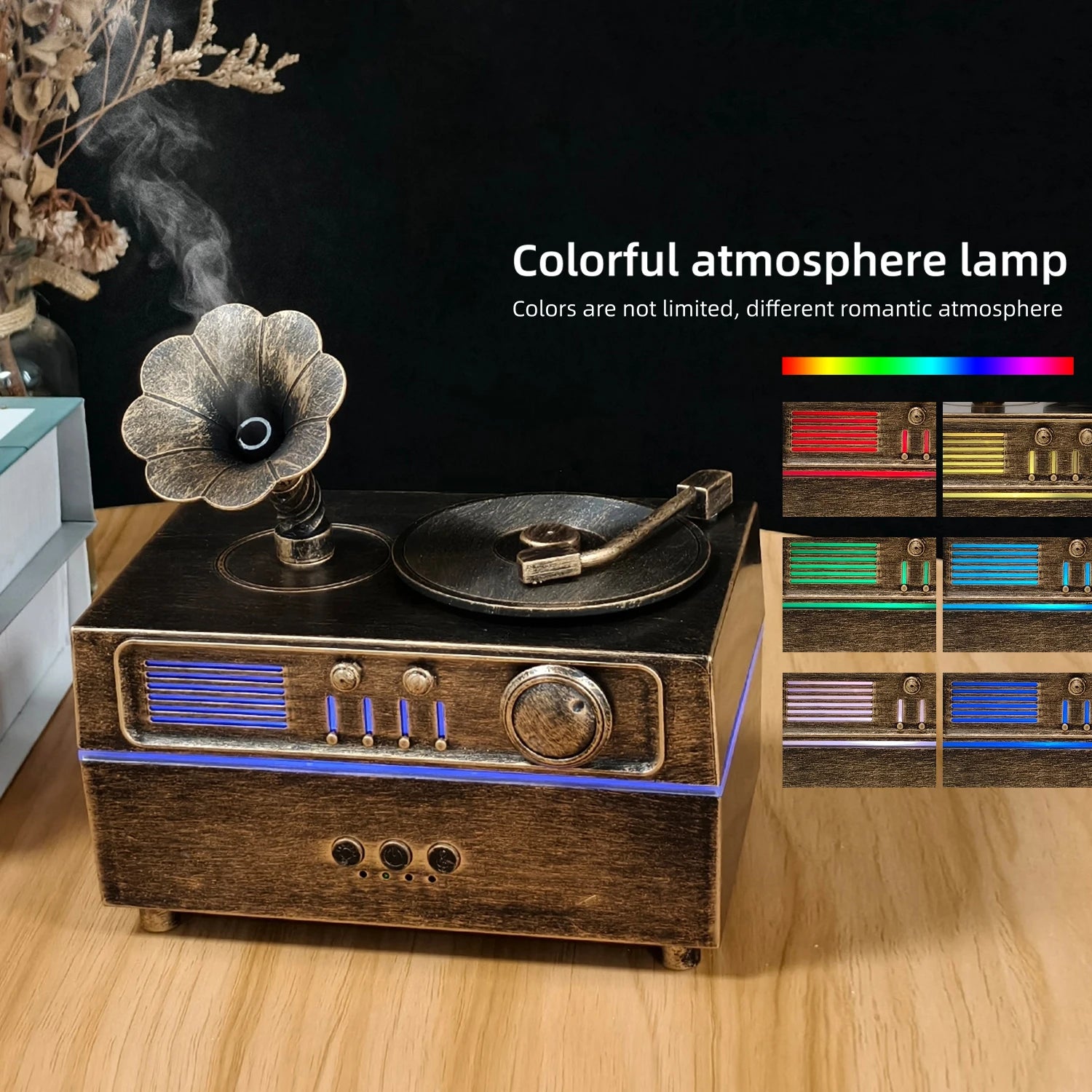 5V Retro Phonograph Bluetooth Speaker Humidifier Ultrasonic Aroma Diffuser Rotating Colorful Light Remote Essential Oil Atomizer