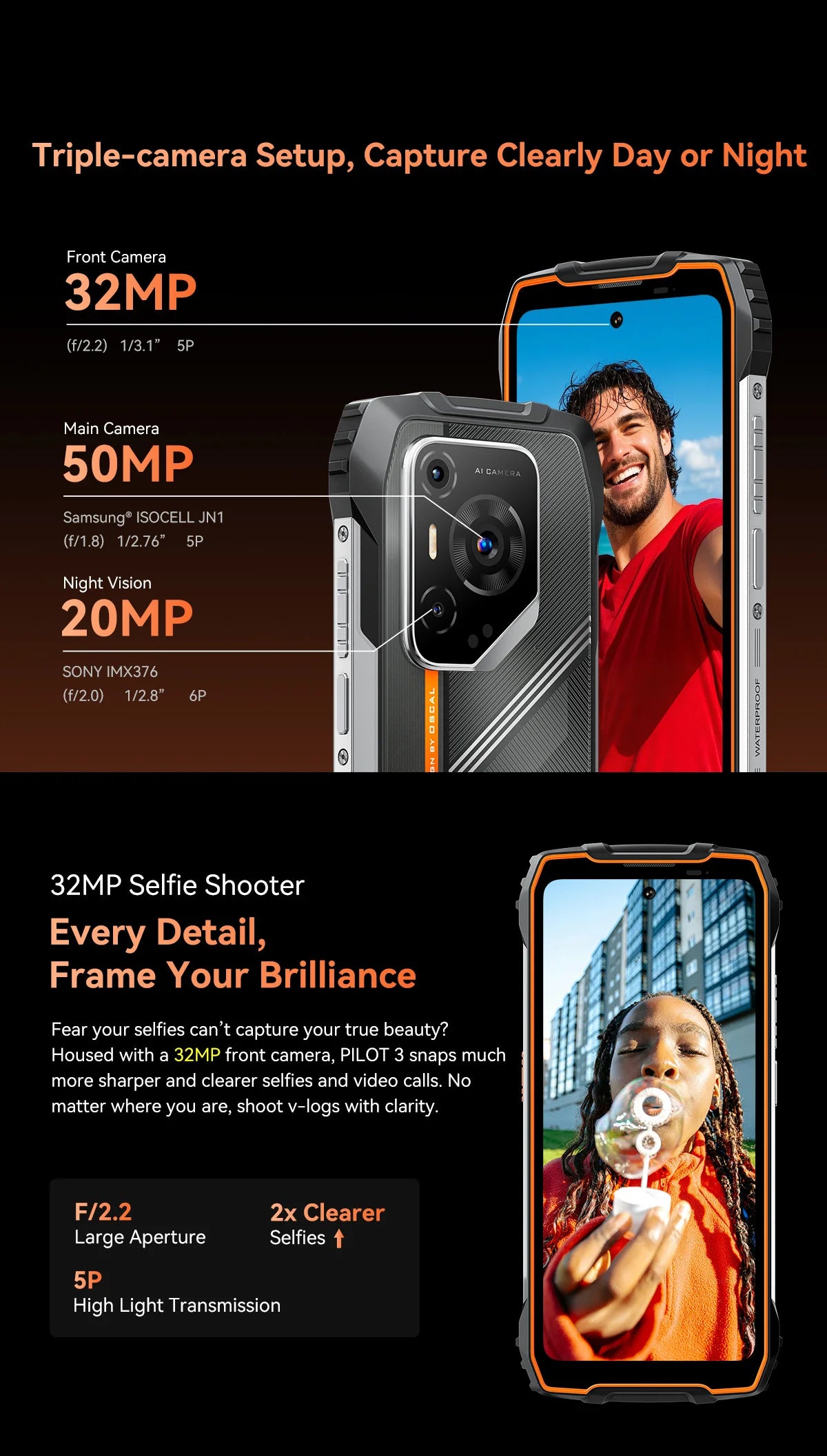 OSCAL PILOT 3 5G AI Rugged Smartphone, MTK Dimensity 6300, 6.78" FHD 2.4K Display 120Hz, 36(12+24) GB RAM 256GB/2TB ROM, 7500Amh