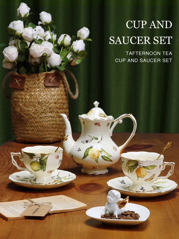 European Style Ceramic Mug Coffee Cup and Saucers Set Lemon Pattern Retro Afternoon tea cup Dessert Plate Teapot Home kettle