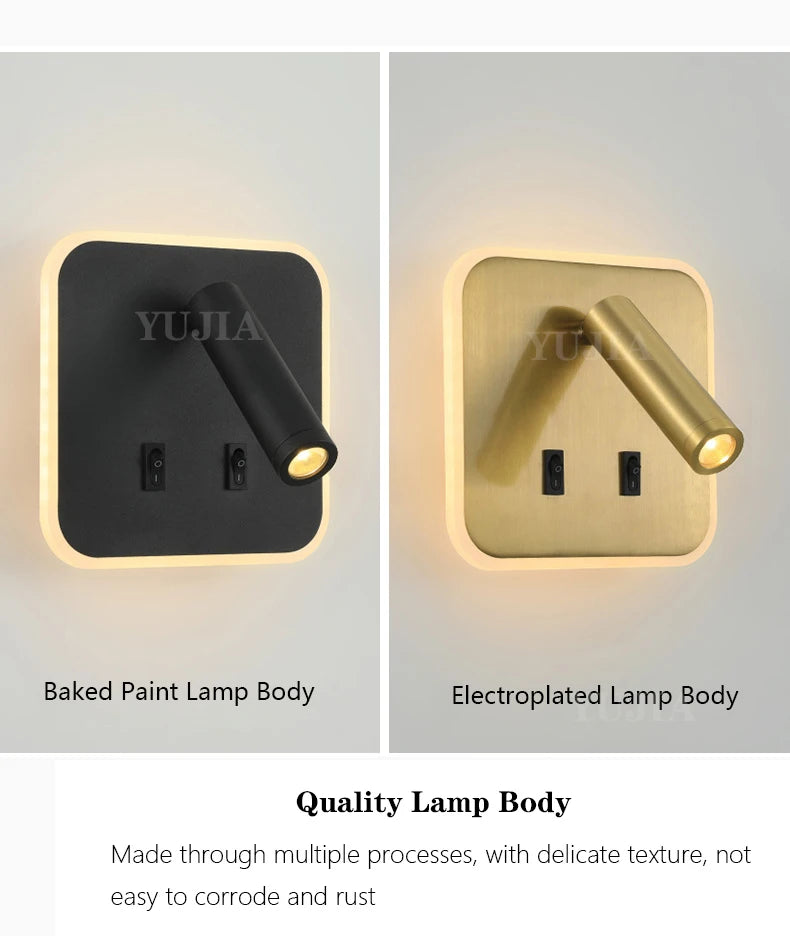 Contemporary Multifunctional LED Wall Sconce with Switch Modern Adjustable Reading Lamp USB Charging Ports for Bedrooms Offices