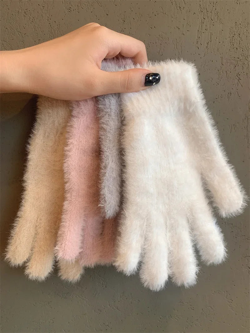 Fashion Winter Mink Velvet Five Finger Gloves Plush Warm Cold-proof Gloves Women Outdoors Cycling Solid Color Wistiti Mittens