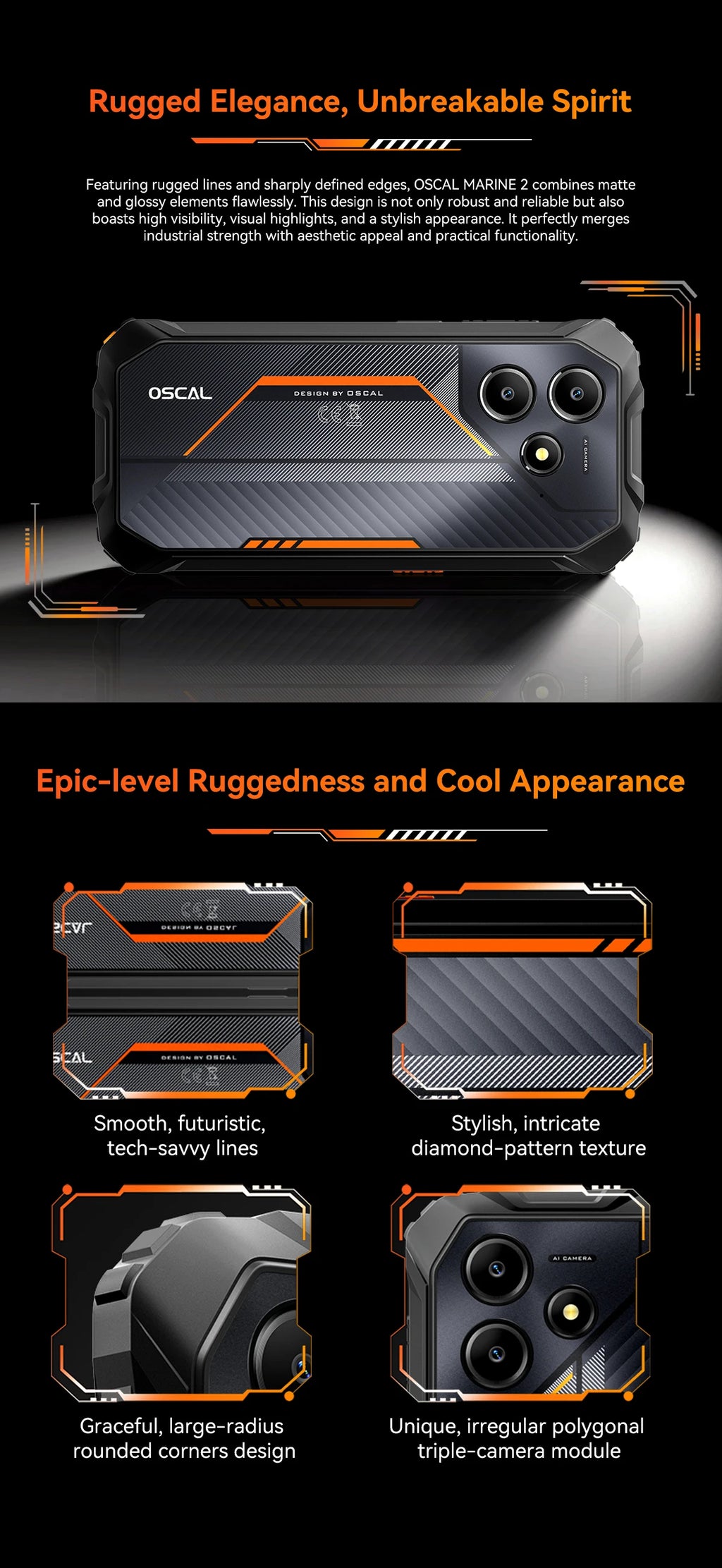 OSCAL Marine 2 AI Outdoor Mobile Phone, 6.56 Inch Rugged Smartphone Android 15, 8+16GB RAM, 256GB+2TB ROM 11000mAh, Unisoc T615