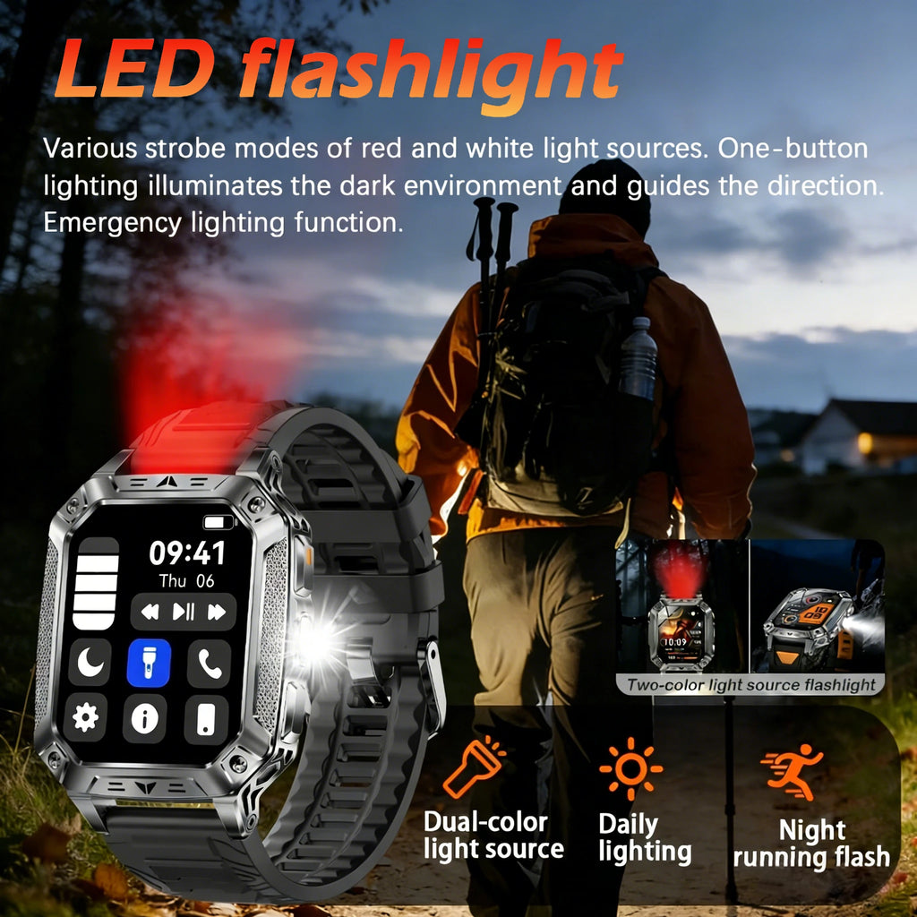 2026 New Military Grade 1400mAh Battery Smart Watch GPS Tracks 5ATMWaterproof Flashlight Heart Rate 2.1" Durable Smartwatch Men