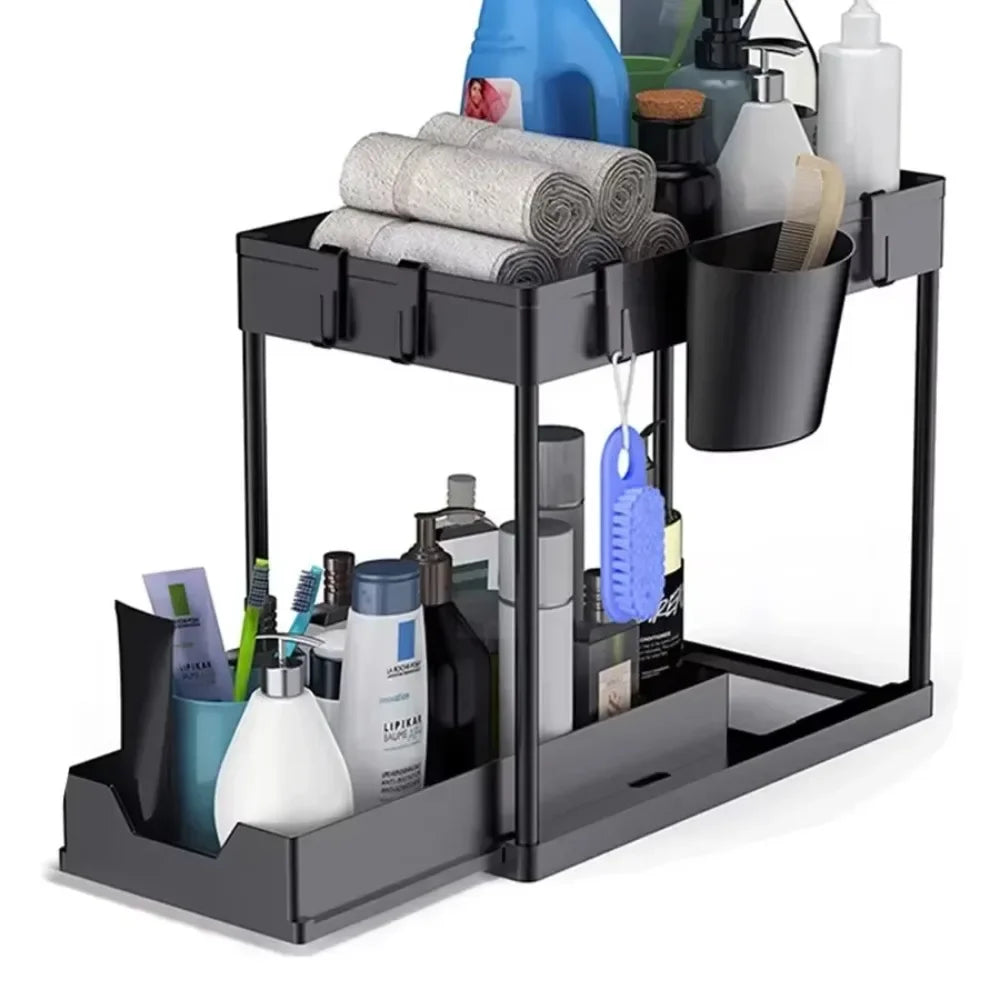 2 Tier Under Sink Sliding Cabinet Basket Organizer Storage Rack with Hooks Hanging Cup Bathroom Multifunctional Storage Rack