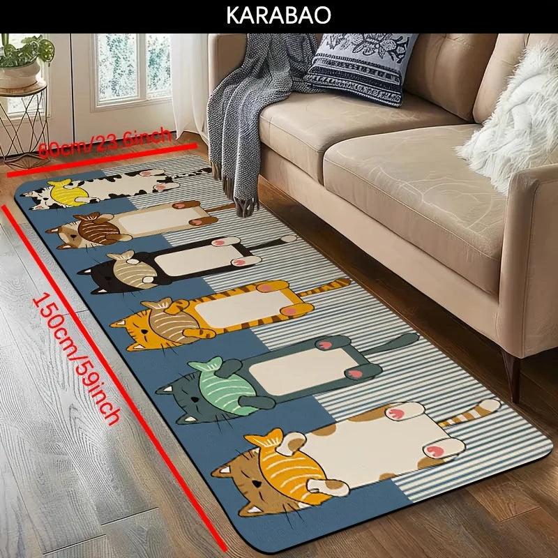 Cute Cartoon Cats & Fish Print Runner Rug, Non-Slip Washable Durable Mat for Kitchen, Laundry Room, Entryway & Kids Room