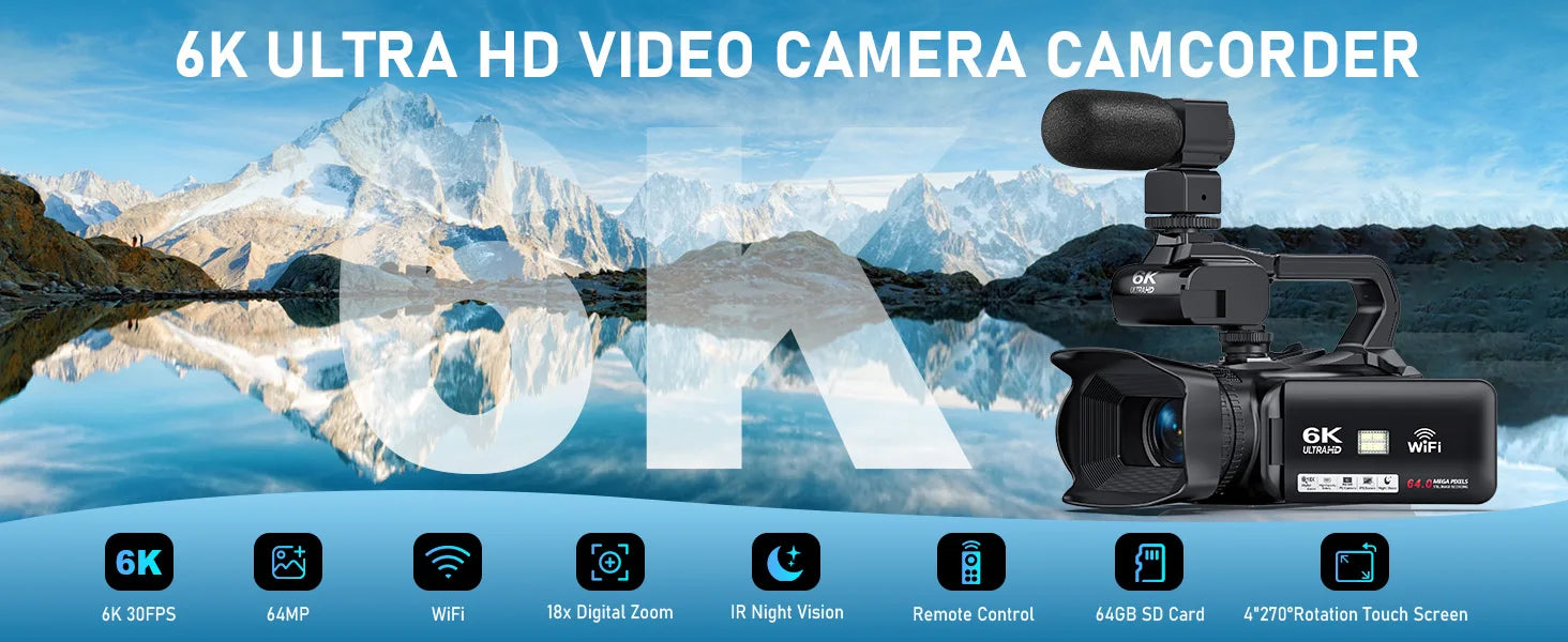 4K 60FPS Professional Camcorder for Photography 64MP WiFi Livestream Webcam Video Cameras 18X Digital Zoom YouTube Vlog Recorder