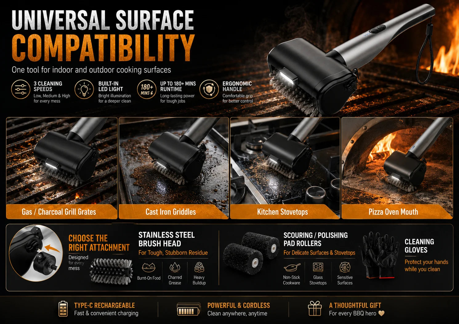 Electric Grill Brush, High Torque Grill Brush 3-Speed Modes，with 3 Brush Heads & Type-C Rechargeable for Barbecue Kitchen.