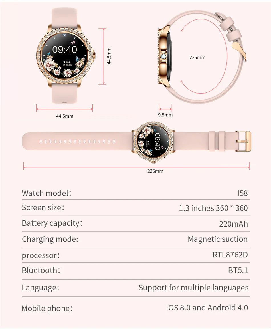 2026 New Fashion Women Diamond Watch 1.32 inch 360*360 HD Display Heart Rate Blood Oxygen Monitoring Bluetooth Call Smartwatch