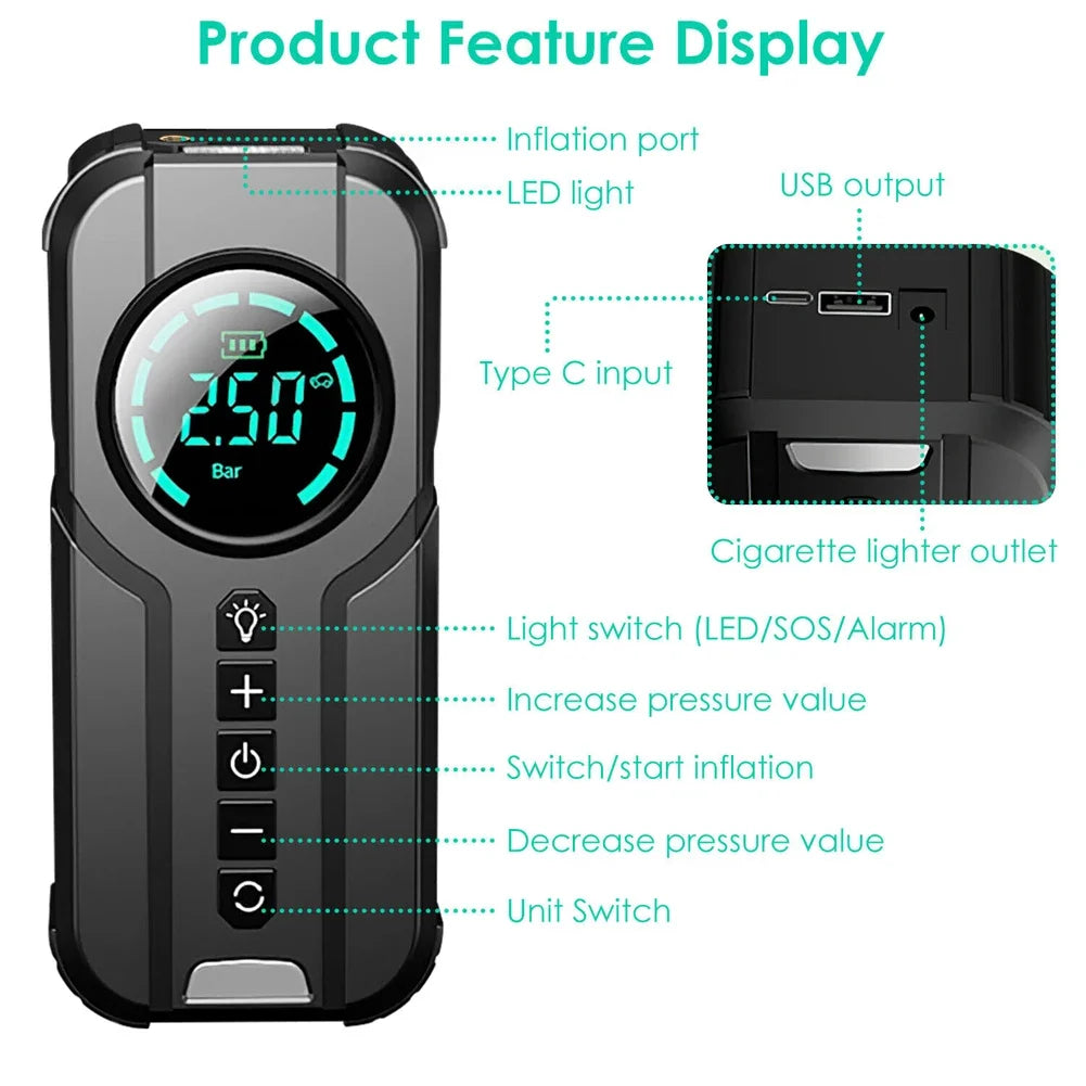 Portable Car Air Compressor 12V 100W Electric Tire Inflator LCD Display Rechargeable Air Pump Digital Cordless Car Tyre Inflator