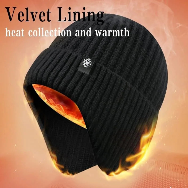 Men Winter Knitted Hat Plush Warmth Peaked Cap Outdoor Earmuff Casual Fashion Faux Fur Lined Bomber Hats Cycling Ear Protection