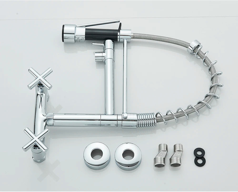 Gold Black Kitchen Faucet Wall Mount Pull Down Tap Vessel Sink Hot Cold Water Mixer Tap Spring Dual Swivel Spouts Sink Crane