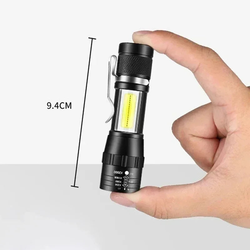 Mini LED Flashlight with Pen Clip Zoomable USB Rechargeable Portable Torch with Side Lights Outdoor Camping Emergency Lantern