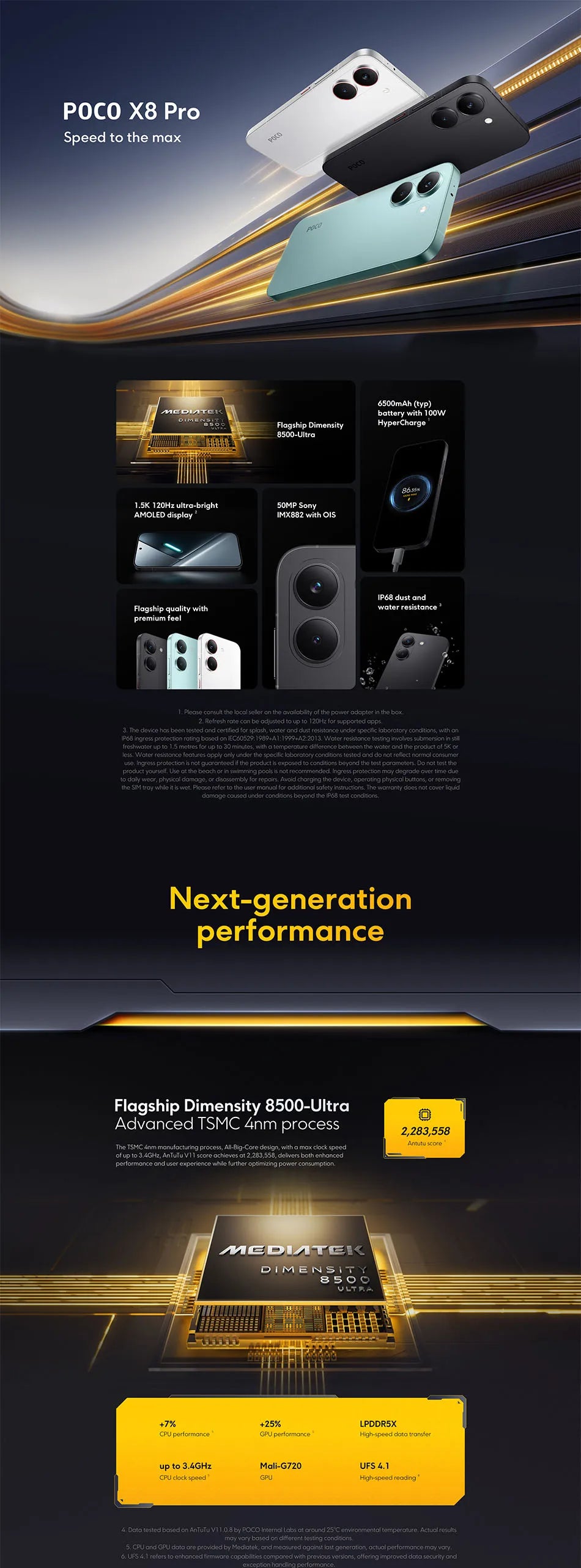 Global Version POCO X8 Pro Dimensity 8500-Ultra Processor Smartphone 6.59" 1.5K 120Hz Display 6500mAh(typ)  100W HyperCharge