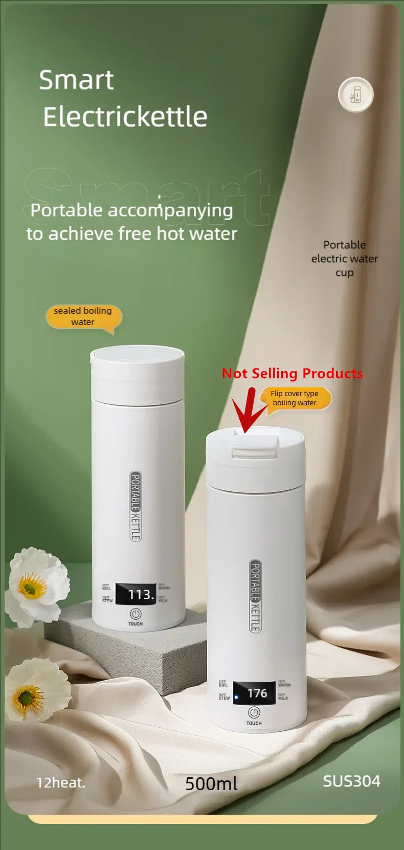 JFBONIN Electric Kettles Portable Tea Coffee Kettle Travel Boil Water Thermal Cup Anti-Scald Water Bottle English Menu