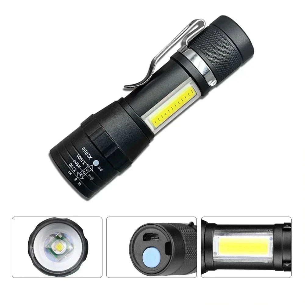 Mini LED Flashlight with Pen Clip Zoomable USB Rechargeable Portable Torch with Side Lights Outdoor Camping Emergency Lantern