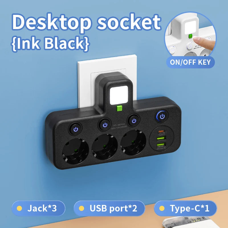 EU Plug Outlet 4 Sockets Multitap Wall Power Strip Electrical Socket 2 USB 1 Type-C Ports No Extension Cord with 2500W MAX Power