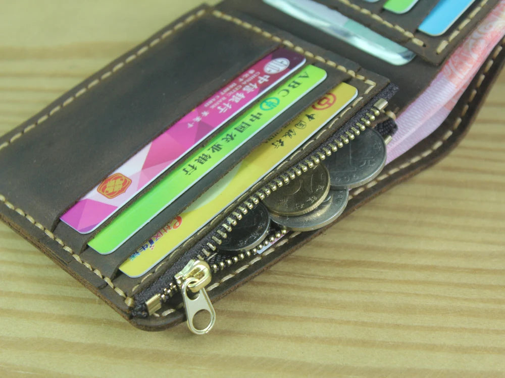Luxury Handmade Genuine Leather Men Wallet Bifold Purse Male Wallets Short Money Clip Vintage Leather Money Bag with zip pocket