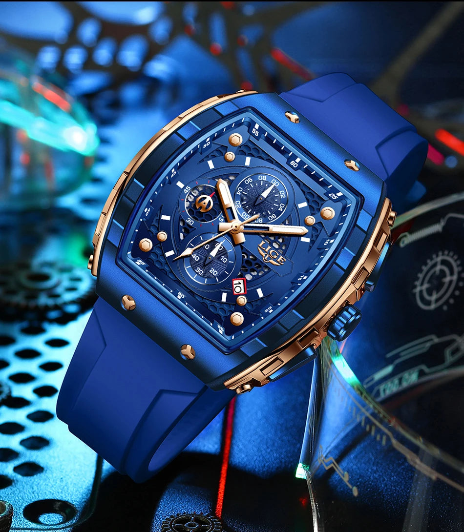 LIGE Man Watch Fashion Luxury Waterproof Silicone Strap Quartz Men's Watches Luminous Sports Auto Date Chronograph Simple Clocks