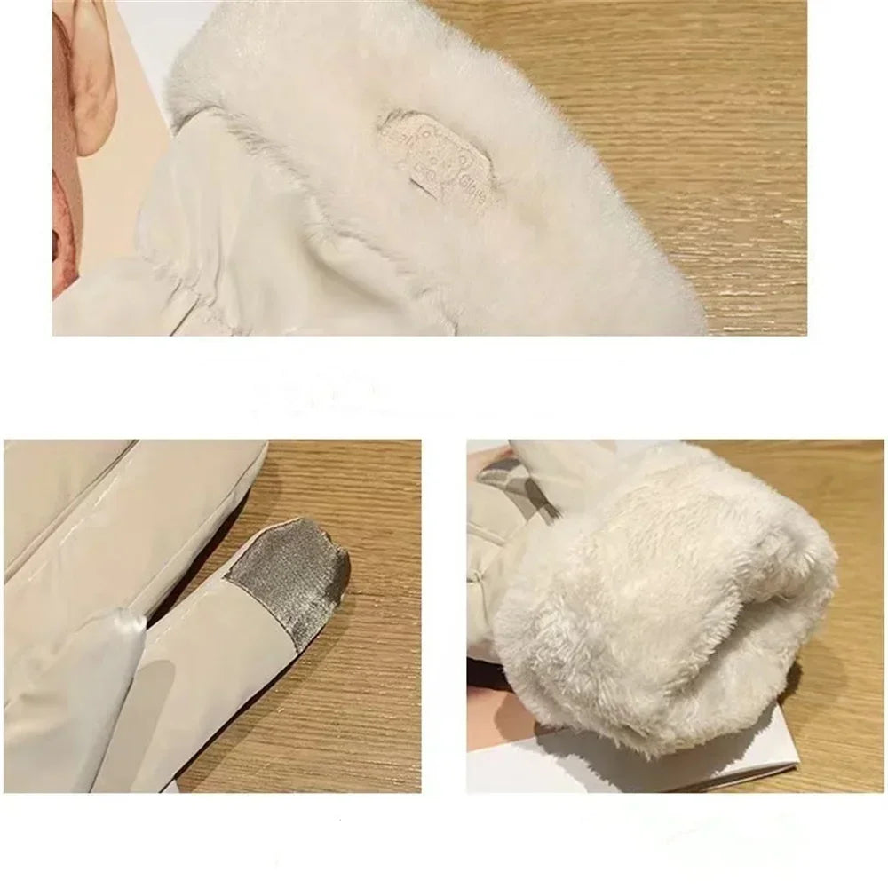 Ski Gloves Women Winter Fleece Thickened Warm Plush Cotton Waterproof Touch-Screen Gloves For Outdoor Riding Mountaineering