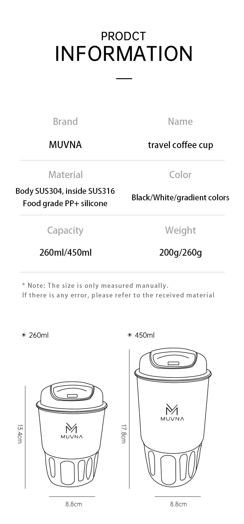 MUVNA 260/450ML Stainless Steel Coffee Cup Thermo Water Bottle Keep Cold and Heat Thermal Mug Travel Vacuum Flask Gift Mug