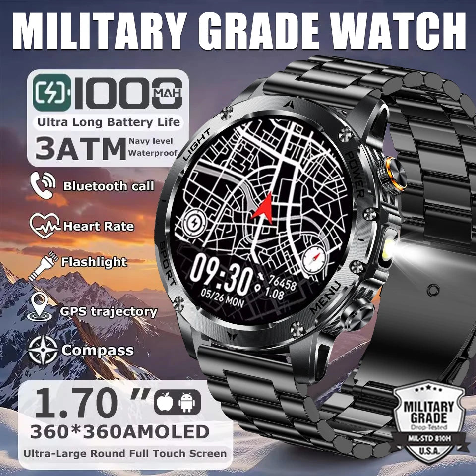 2025 New Military Grade Men 1000mAh Super Large Battery Smart Watch GPS 3ATM Waterproof Bluetooth Call Sports Fitness Smartwatch