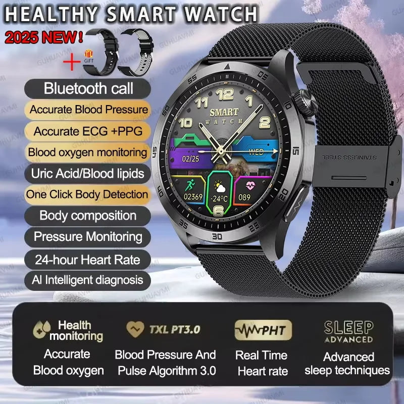 For iOS Android New Health Measurement SmartWatch Men Blood Oxygen Uric Acid ECG+PPG Body Blood Pressure HD Bluetooth Call Watch