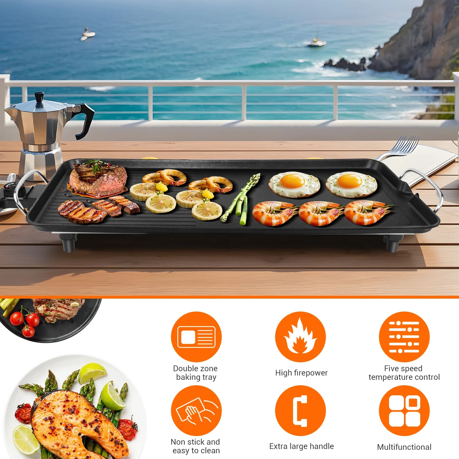 Electric Large Teppanyaki Grill Table Top Smokeless Grill, Portable BBQ Barbecue Griddle Non-stick Hot Plate with Adjustable Thermostat 1500W for Family Party Camping