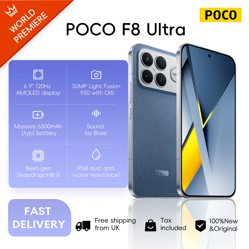 Xiaomi POCO F8 Ultra 5G, 12+256GB Global Version, Dual eSIM 3nm Snapdragon® 8 Elite Gen5 Mobile Platform 6.9" 120Hz Eye-care AMOLED Display 50MP 6500mAh 100W NFC