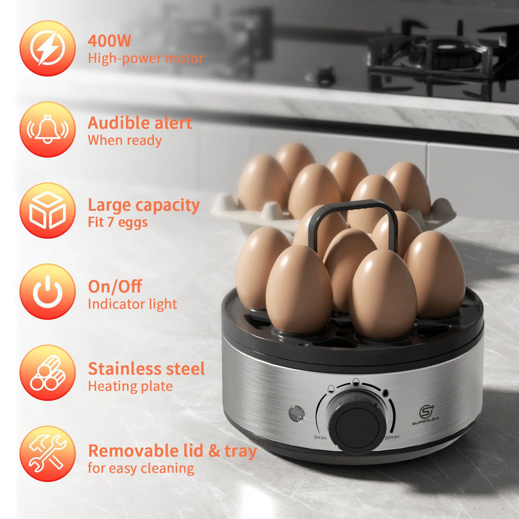 SUPERLEX 400W Power Eggs Cooker 7-Egg Capacity Dial Control Smart Shut-Off Reminder Rapid Egg Boiler Easy to Clean and Safer New