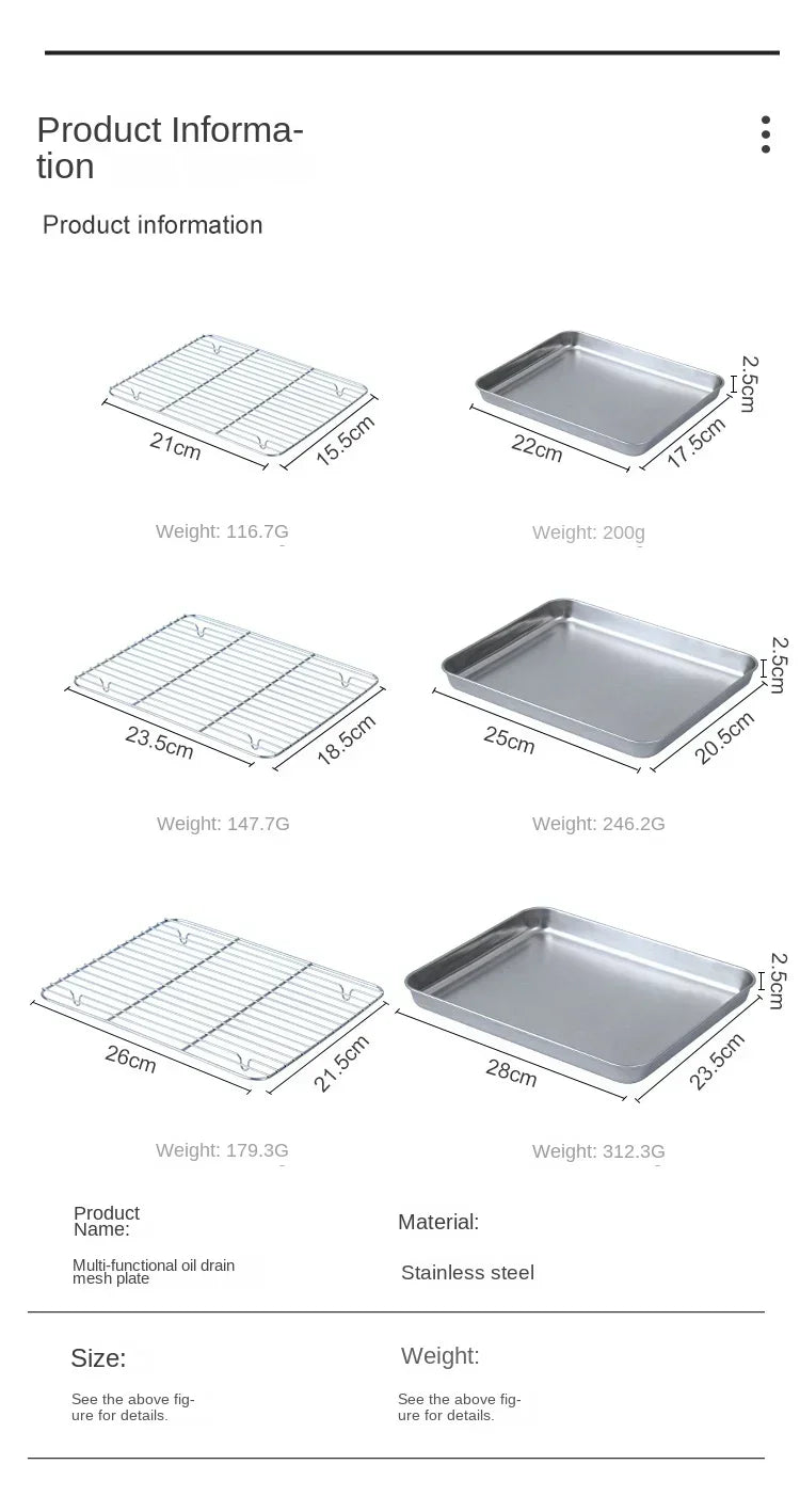 Flat Bottom 430 Stainless Steel Square Plate Oven Safe BBQ Grill Pan Drain Tray Oil Drip Rack Prep Plate for Roasting Grilling