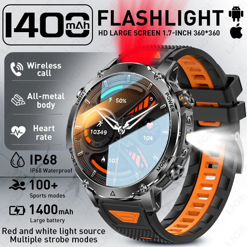 LIGE Men Smart Watch 1400 mAh 1.7 Inch Screen Bluetooth Call Voice Assistant Watch Sport Fitness IP68 Waterproof Smartwatch 2026