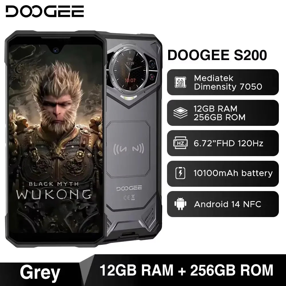 Global Version DOOGEE S200 Rugged Phone 48GB 256GB 6.72" 120Hz 1.32" Rear Display Dimensity 7050 100MP Camera 10100mAh NFC