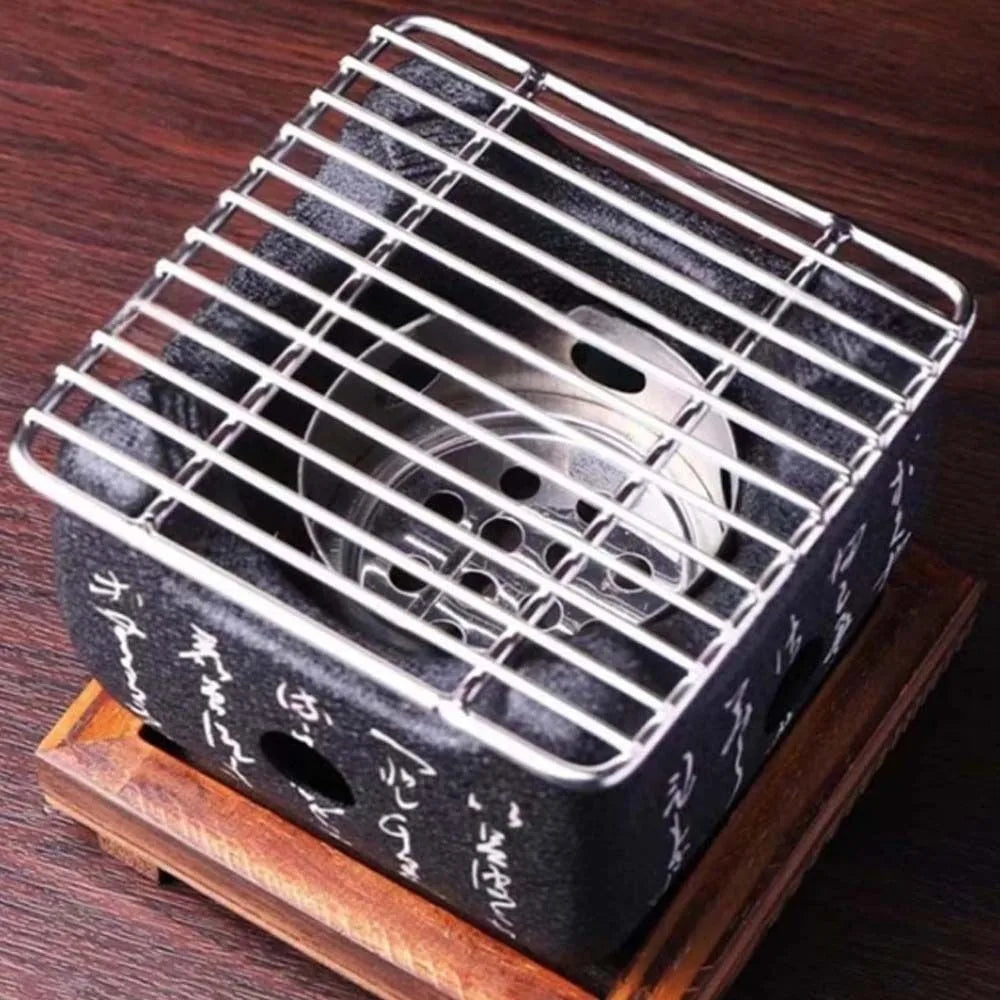 Japanese Style Charcoal Stove with Grill Net Carbon Stove Portable Charcoal Grill Square Wooden Board Mini Square Text Stove